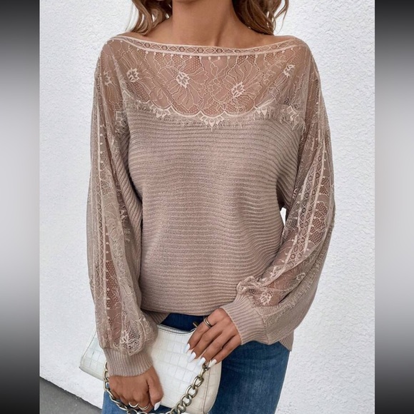 Comfy Elegant Sheer Mesh Lace Boat Neck Batwing Sleeve Sweater Top Burgundy - Picture 12 of 15